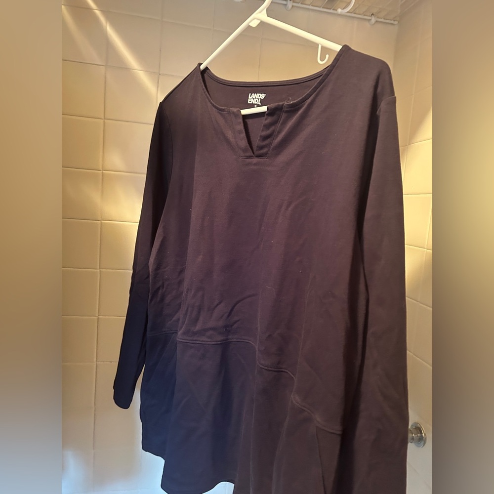 Lands' End 1X Women's Navy Blue Long Sleeve Notched Neck Cotton Tunic